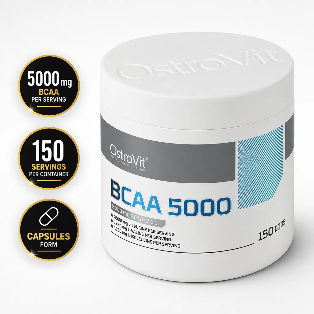 OstroVit BCAA 5000 150 Caps dietary supplement in capsule form, providing 5000 mg BCAA per serving