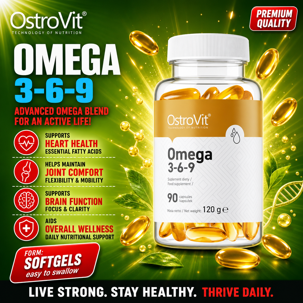 OstroVit Omega 3-6-9 90 capsules softgel dietary supplement, advanced omega blend for heart, joint, and brain health, in a transparent bottle with golden capsules.