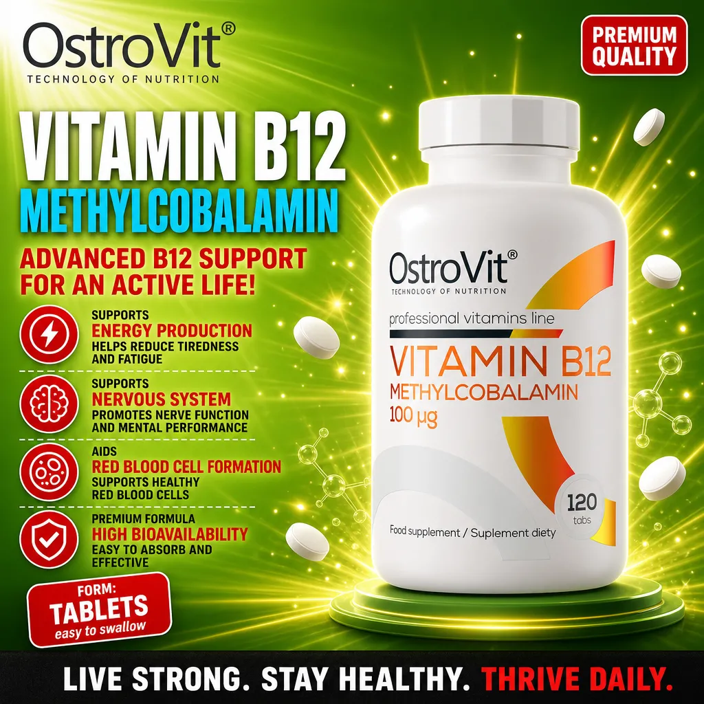 OstroVit Vitamin B12 Methylcobalamin 100µg 120 tabs, a dietary supplement in tablet form supporting energy production, nervous system, and red blood cell formation, with high bioavailability.