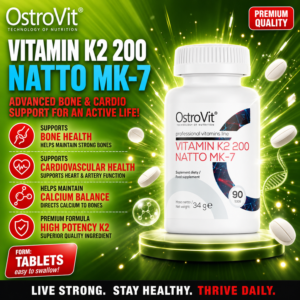 OstroVit Vitamin K2 200 Natto MK-7 90 tabs dietary supplement, high potency K2 tablets for bone and cardiovascular health, 90-count bottle, predominantly white with green and red accents.