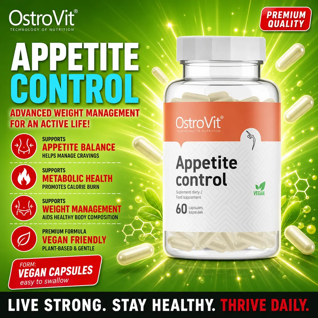 OstroVit Appetite Control 60 capsules vegan dietary supplement for appetite balance, metabolic health, and weight management, in a clear bottle with white and orange label.