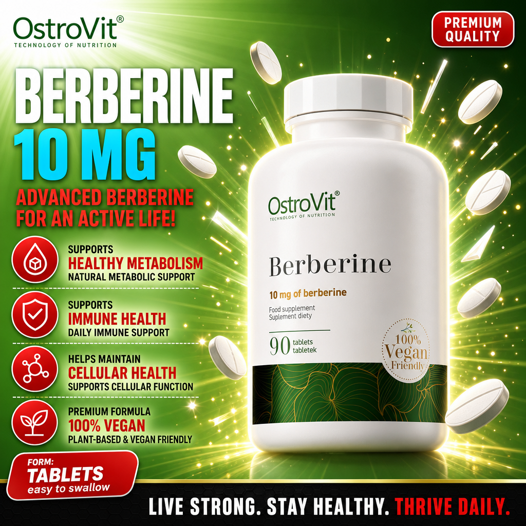 OstroVit Berberine 10 mg vegan tablets, 90-count supplement for metabolism, immune, and cellular health support, plant-based and vegan friendly, in a white and green bottle.