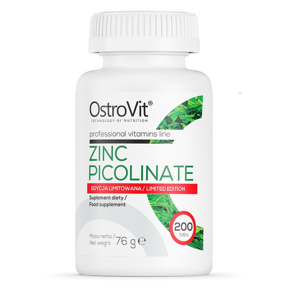 OstroVit Zinc Picolinate 200 tabs limited edition food supplement, professional vitamins line, white bottle with green and red accents.