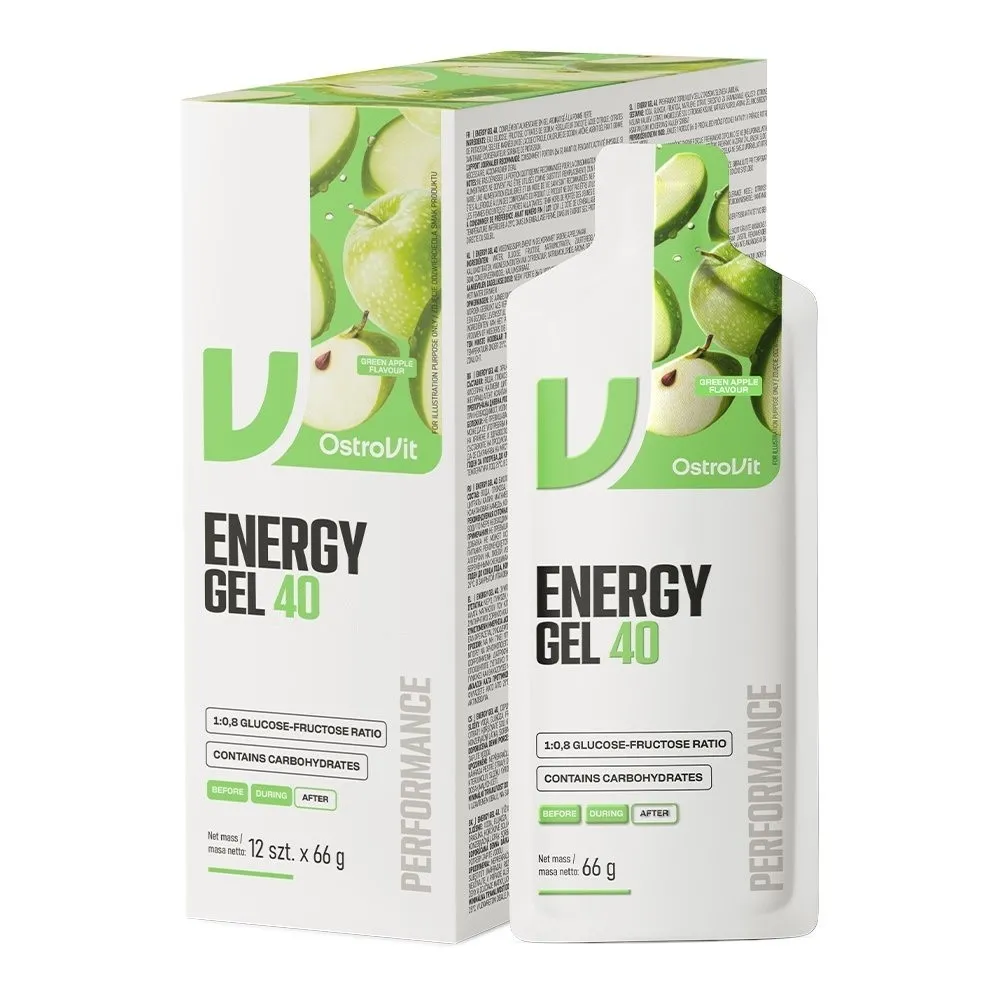 OstroVit Nutrition Energy Gel 40 Green Apple, a high-carbohydrate energy gel for athletes, featuring 12 x 66g sachets with a glucose-fructose blend and electrolytes.
