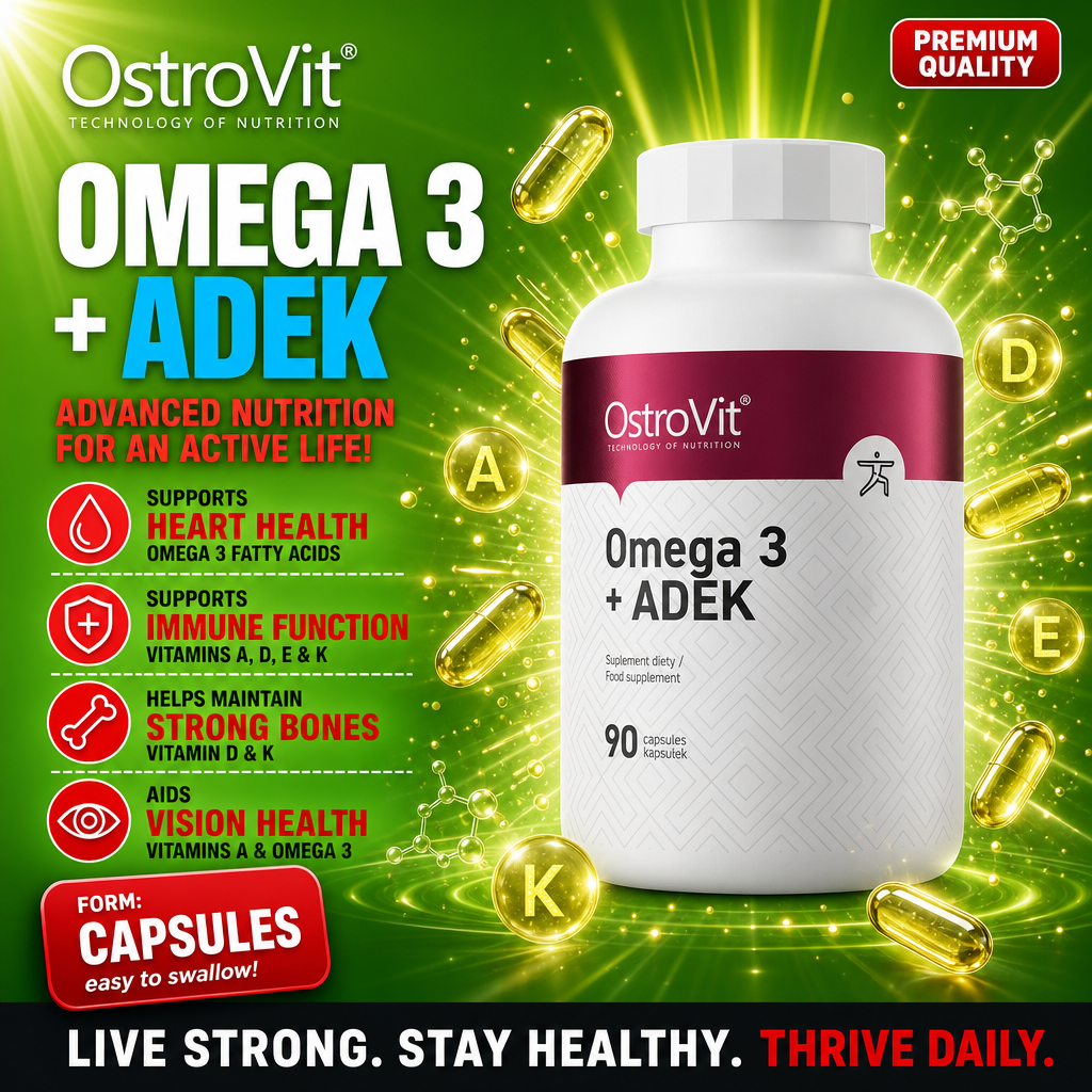 OstroVit Omega 3 + ADEK 90 capsules dietary supplement with omega 3 fatty acids and vitamins A, D, E, K, in capsule form, for heart, immune, bone, and vision health, with a green and white label design.
