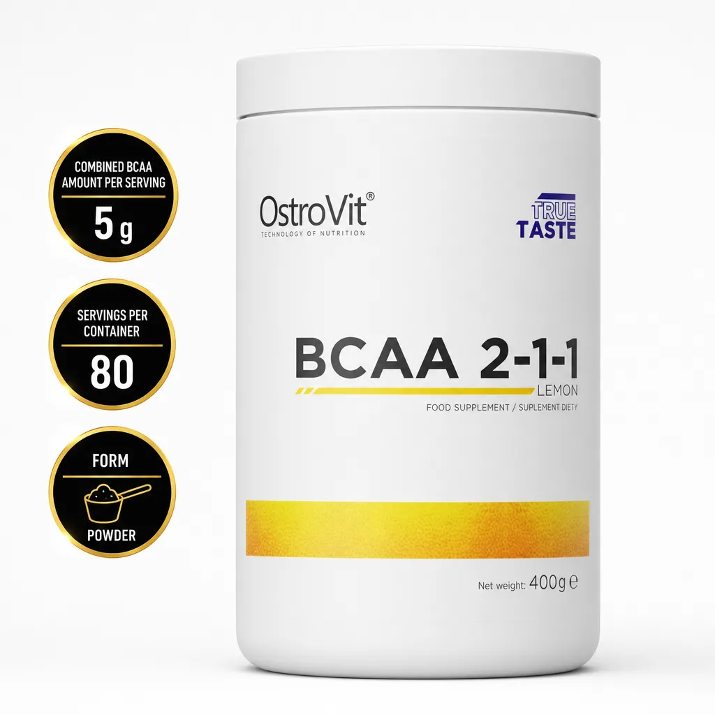 OstroVit BCAA 2:1:1 400g lemon-flavoured powdered branched-chain amino acid supplement in a white tub