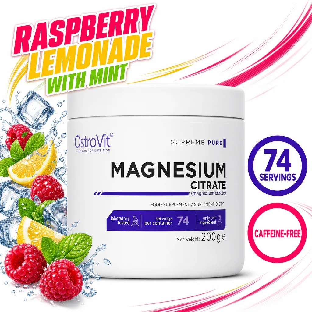 OstroVit Magnesium Citrate 200g powdered food supplement in Raspberry Lemonade with Mint flavour, 74 servings