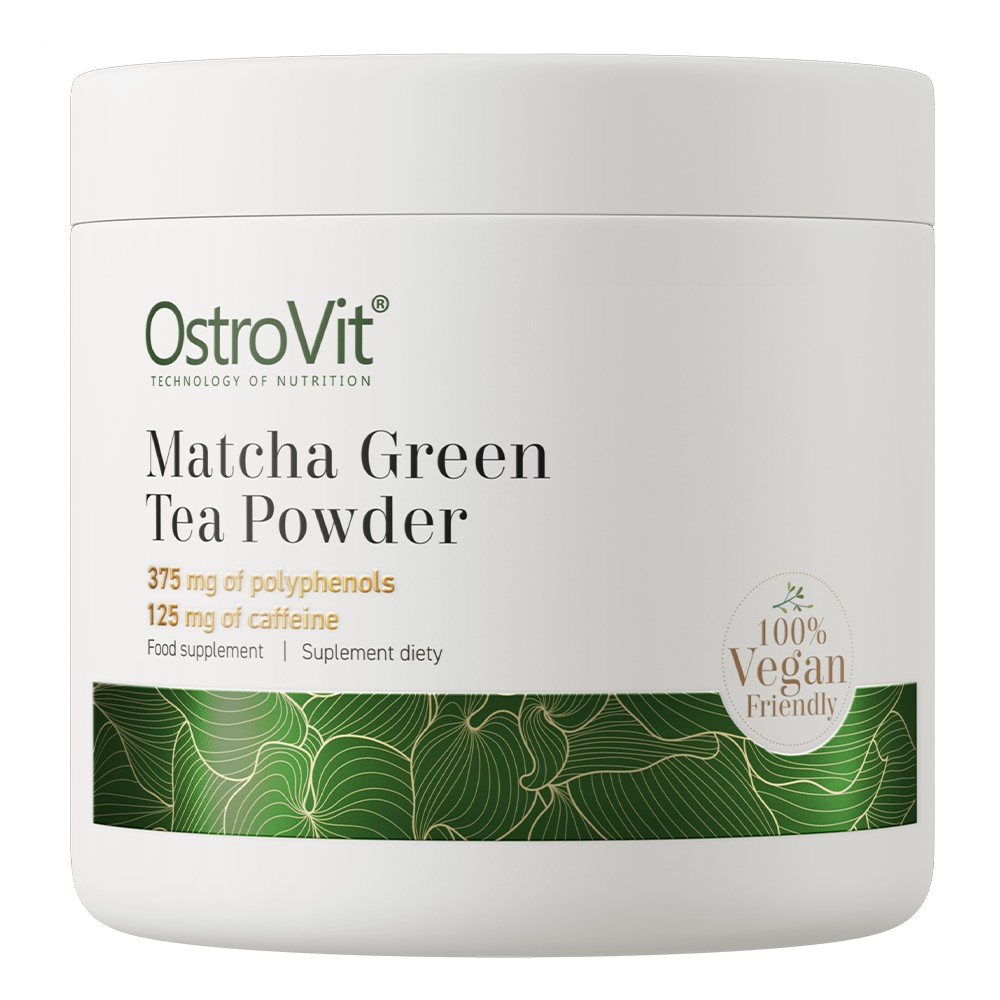 OstroVit Matcha Green Tea Powder vegan-friendly green tea supplement, 100g container, with polyphenols and caffeine content indicated on the label.