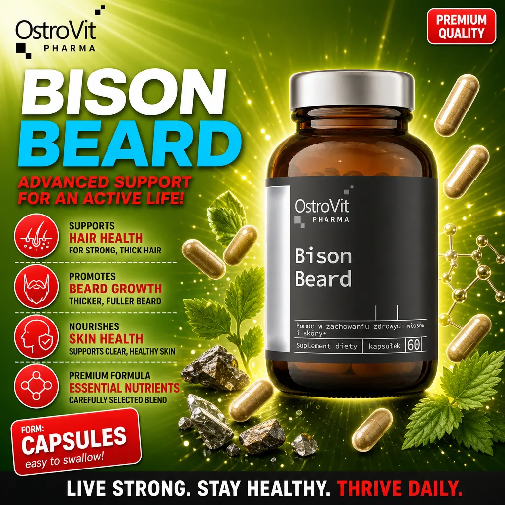 OstroVit Pharma Bison Beard 60 Caps dietary supplement for hair, beard, and skin health, in capsule form, shown in a brown glass bottle with a black label and green background.