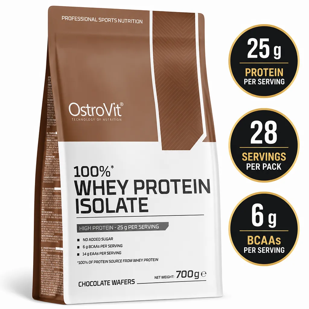 OstroVit 100% Whey Protein Isolate chocolate wafers protein powder, 700g pouch with 25g protein per serving