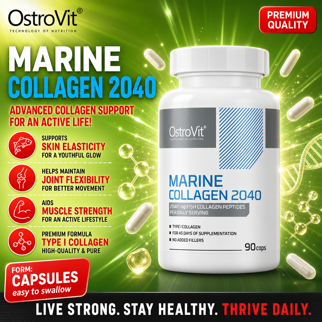 OstroVit Marine Collagen 2040 90 caps, a fish collagen peptide supplement in capsule form, supports skin elasticity, joint flexibility, and muscle strength. Premium quality, type I collagen, white bottle with green background.