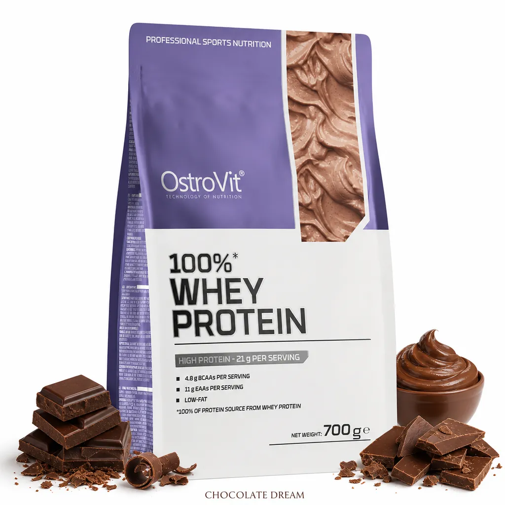 OstroVit 100% Whey Protein 700g Chocolate Dream is a high-protein supplement blend with whey concentrate and isolate, low in fat and sugar, ideal for muscle support.