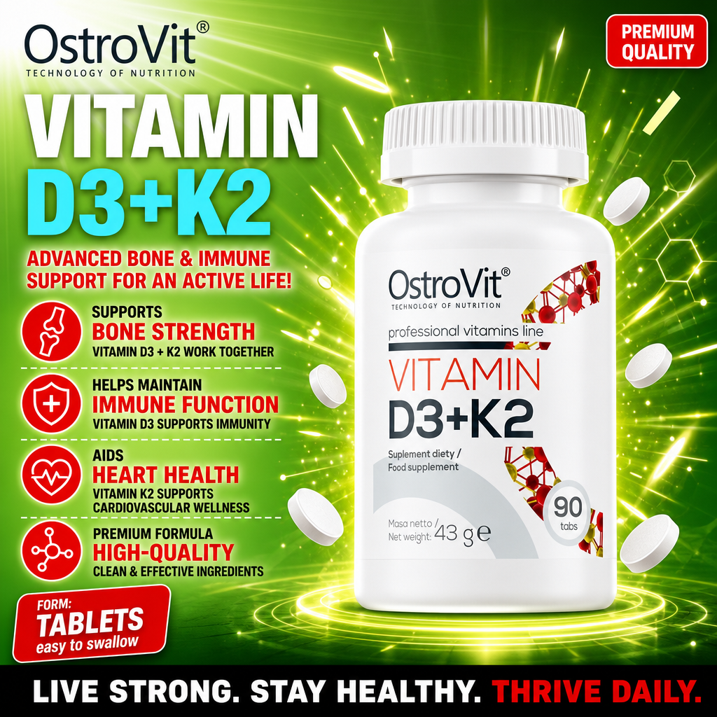 OstroVit Vitamin D3 + K2 90 tabs dietary supplement, professional vitamins line, for bone, immune, and heart health support, in tablet form, white bottle with green background.