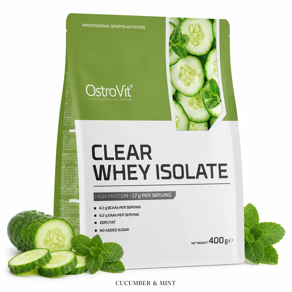 OstroVit Nutrition Clear Whey Isolate 400g protein powder, cucumber and mint flavor, high protein content, fat-free, sugar-free, and easy to mix.