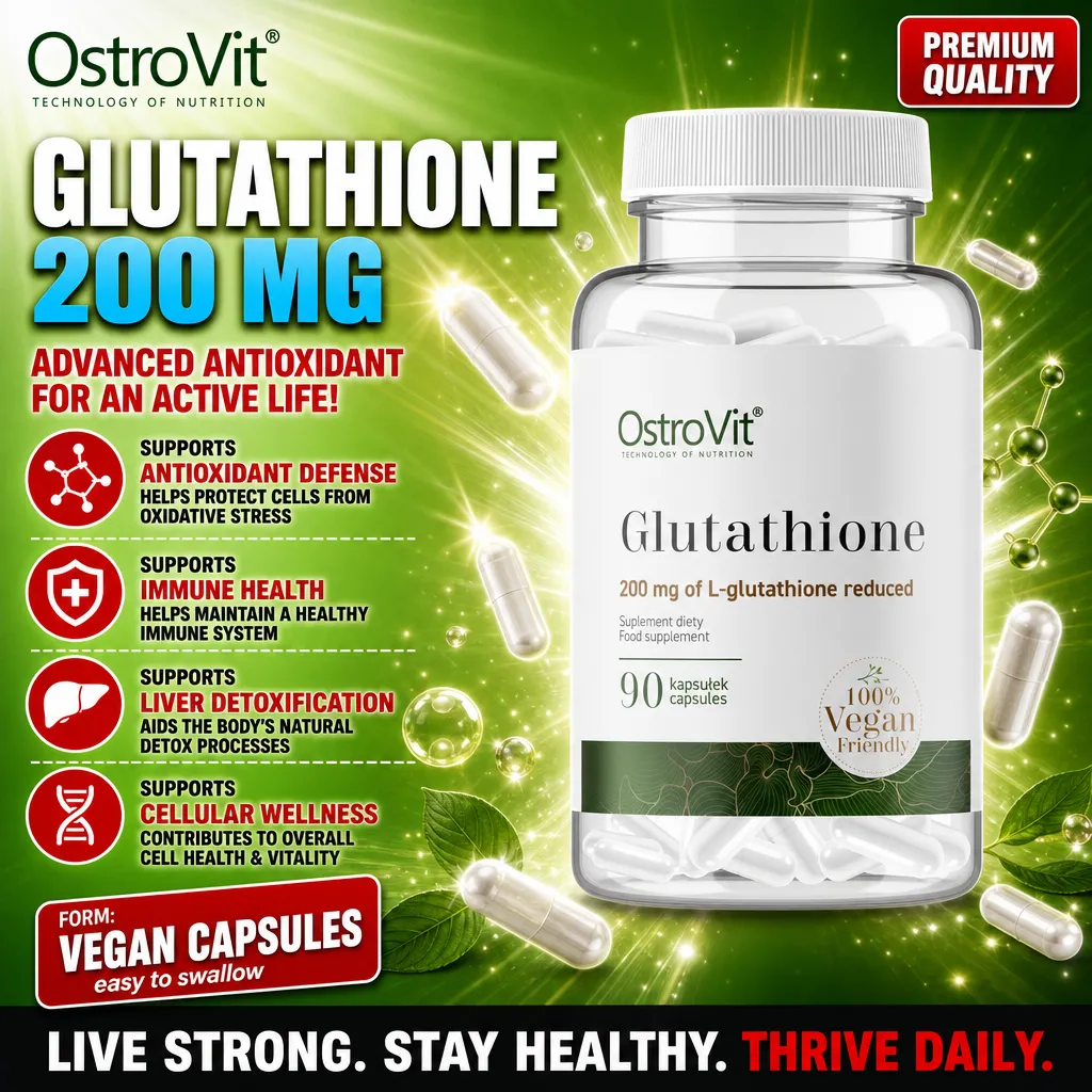 OstroVit Glutathione 90 Vege Caps, 200 mg L-glutathione reduced, vegan-friendly antioxidant supplement in capsule form, green-themed packaging.