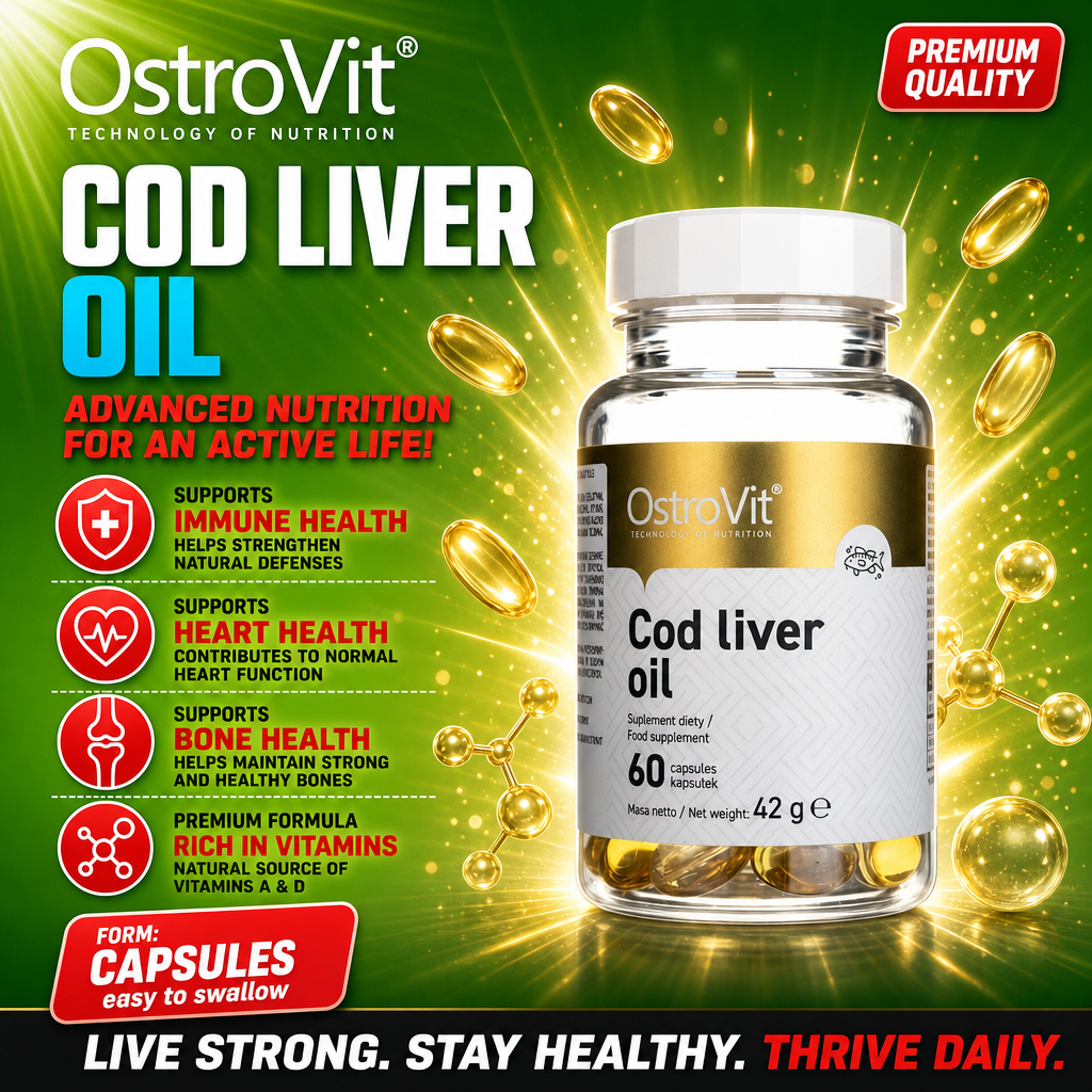 OstroVit Cod Liver Oil 60 capsules dietary supplement, rich in vitamins A and D, supports immune, heart, and bone health, shown in a clear bottle with gold label and capsules.