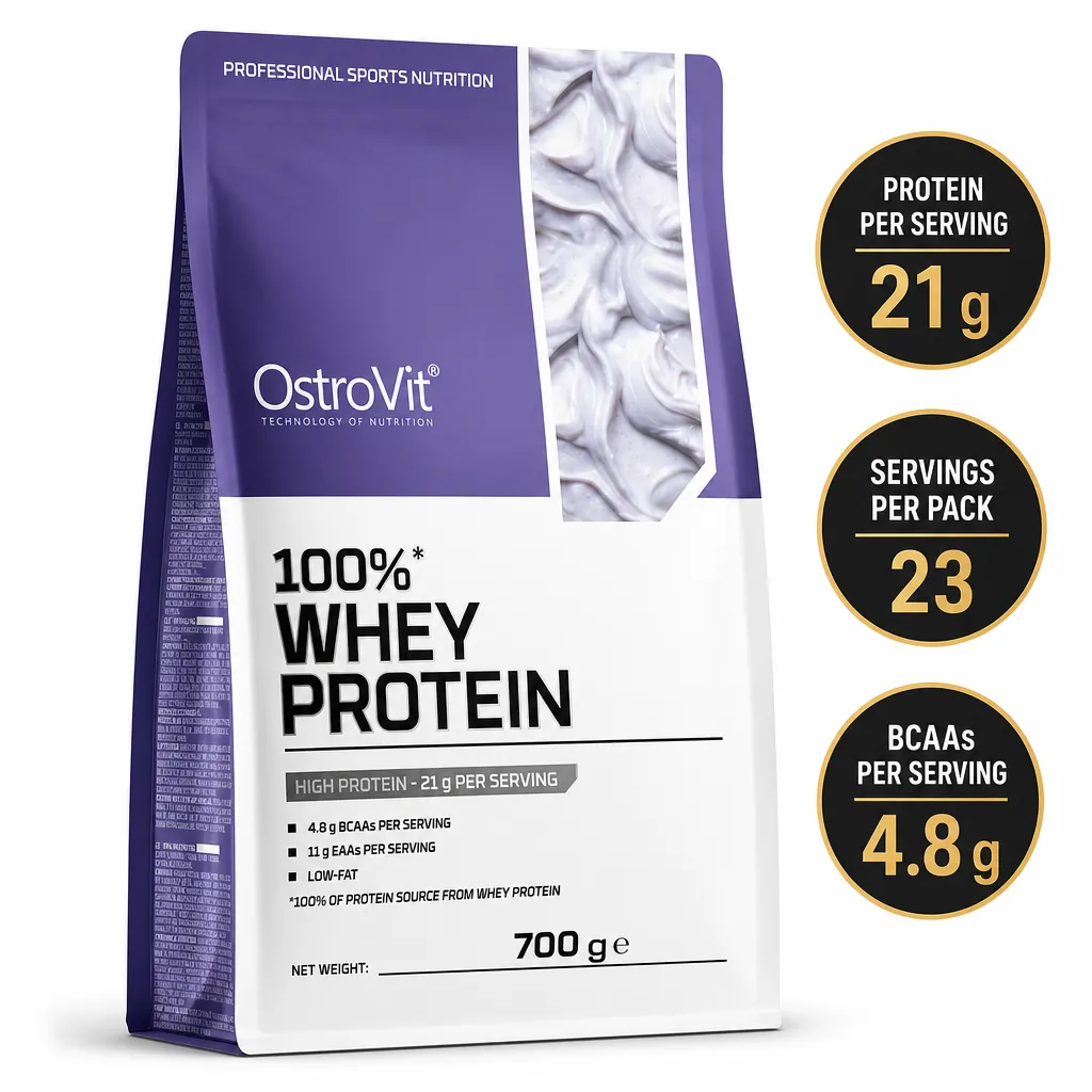 OstroVit 100% Whey Protein 700g whey protein powder in a purple and white pouch, with 21g protein per serving