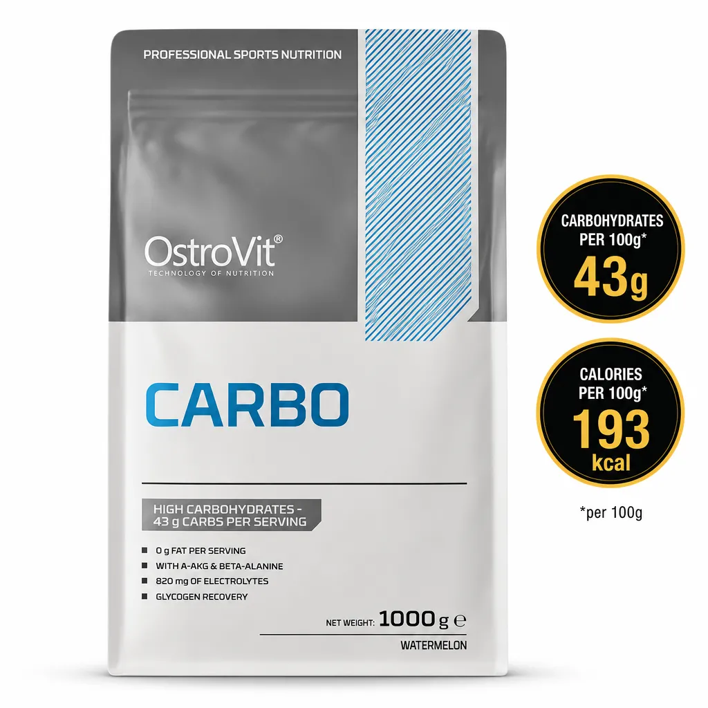 OstroVit Carbo 1000g watermelon-flavoured carbohydrate powder supplement in a silver and blue pouch