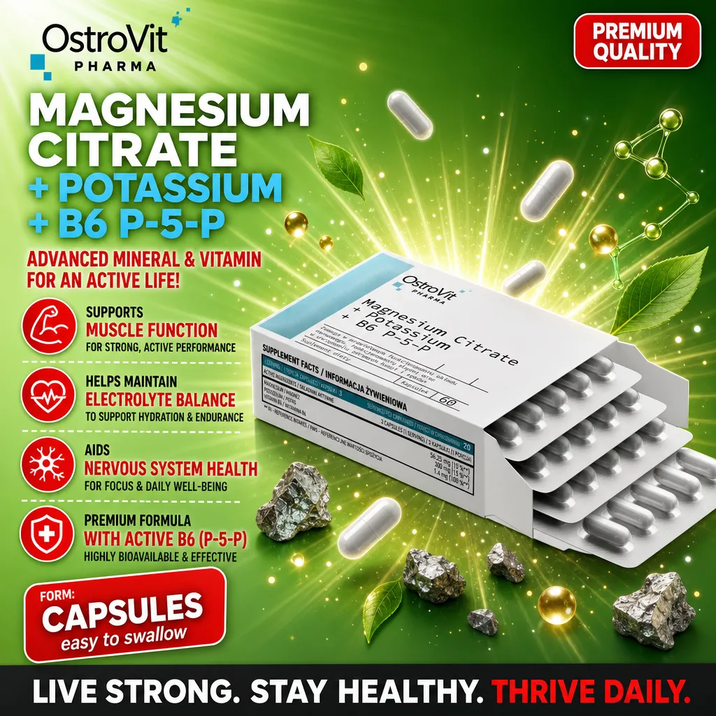 OstroVit Pharma Magnesium Citrate + Potassium + B6 P-5-P 60 capsules, a dietary supplement for muscle function, electrolyte balance, and nervous system health, in a white and blue blister pack.