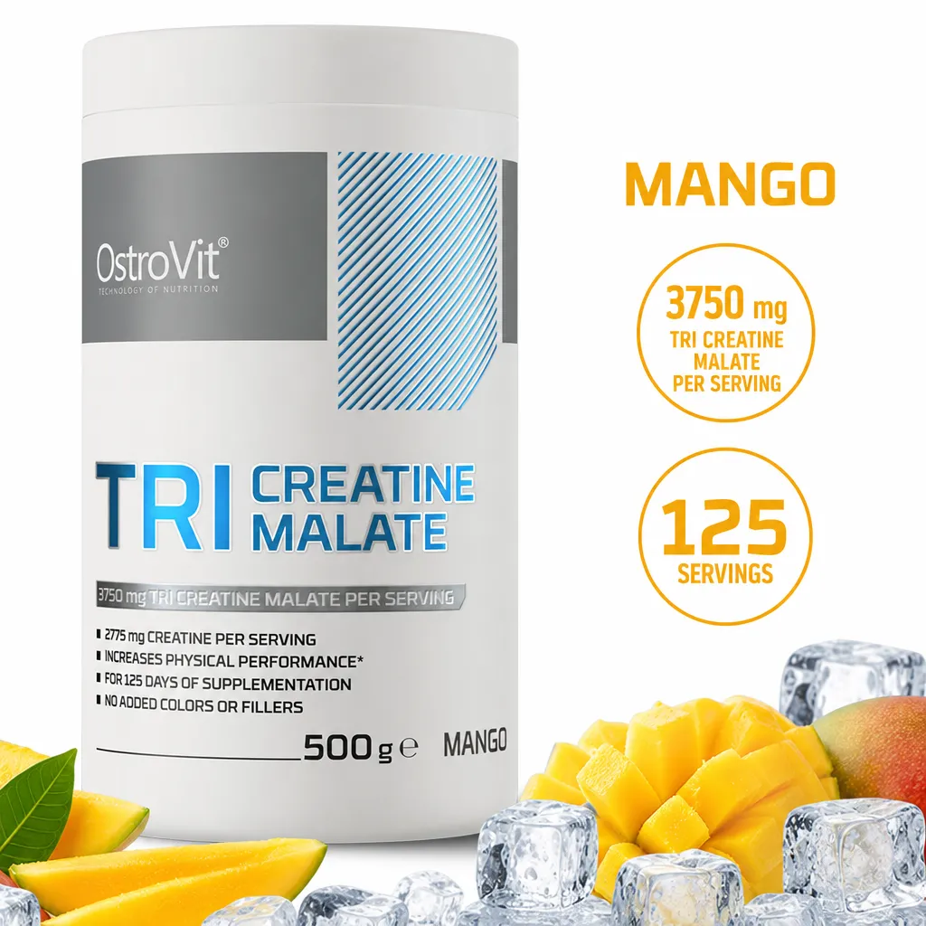 OstroVit Tri Creatine Malate mango-flavoured creatine powder, 500g tub with 3,750mg tri-creatine malate per serving and 125 servings