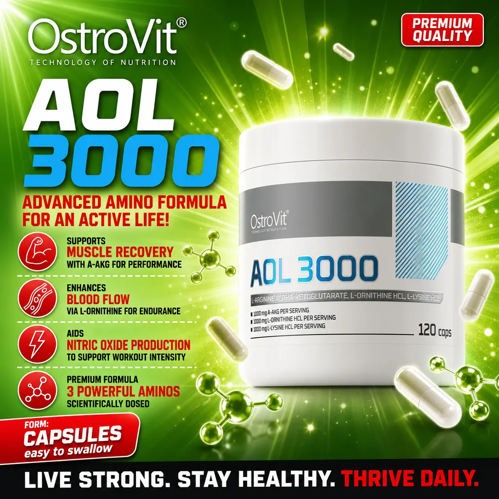 OstroVit AOL 3000 120 caps amino acid supplement with L-arginine, L-ornithine, and L-lysine, in capsule form, green-themed packaging.