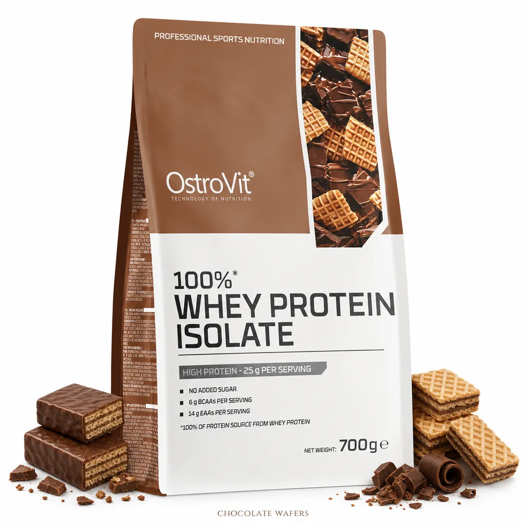 OstroVit 100% Whey Protein Isolate 700g chocolate wafers flavor, high-protein, low-fat, sugar-free supplement for muscle growth and recovery.