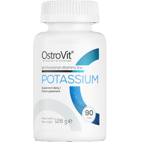 OstroVit Potassium 90 Tabs dietary supplement, professional vitamins line, 128g net weight, white bottle with blue accents.