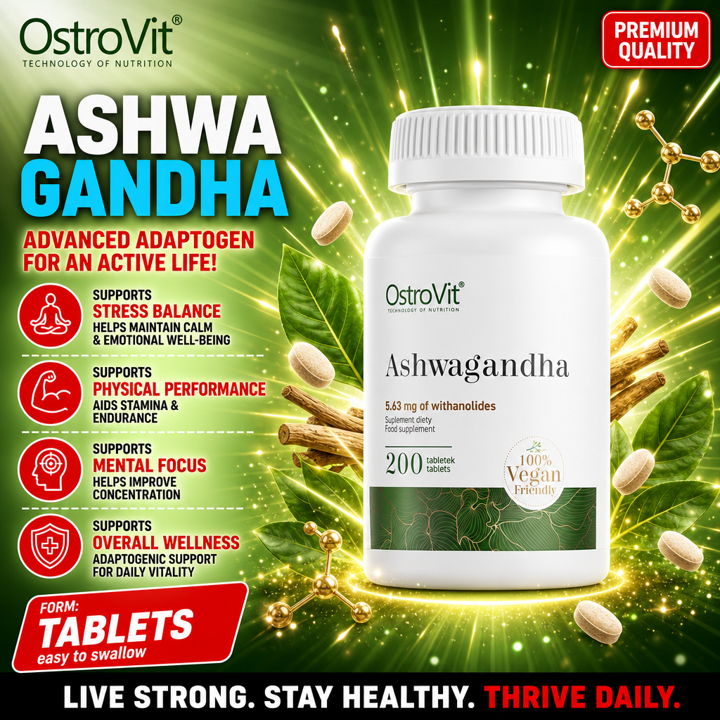 OstroVit Ashwagandha 200 tablets vegan-friendly dietary supplement with 5.63 mg of withanolides, designed to support stress balance, physical performance, mental focus, and overall wellness.