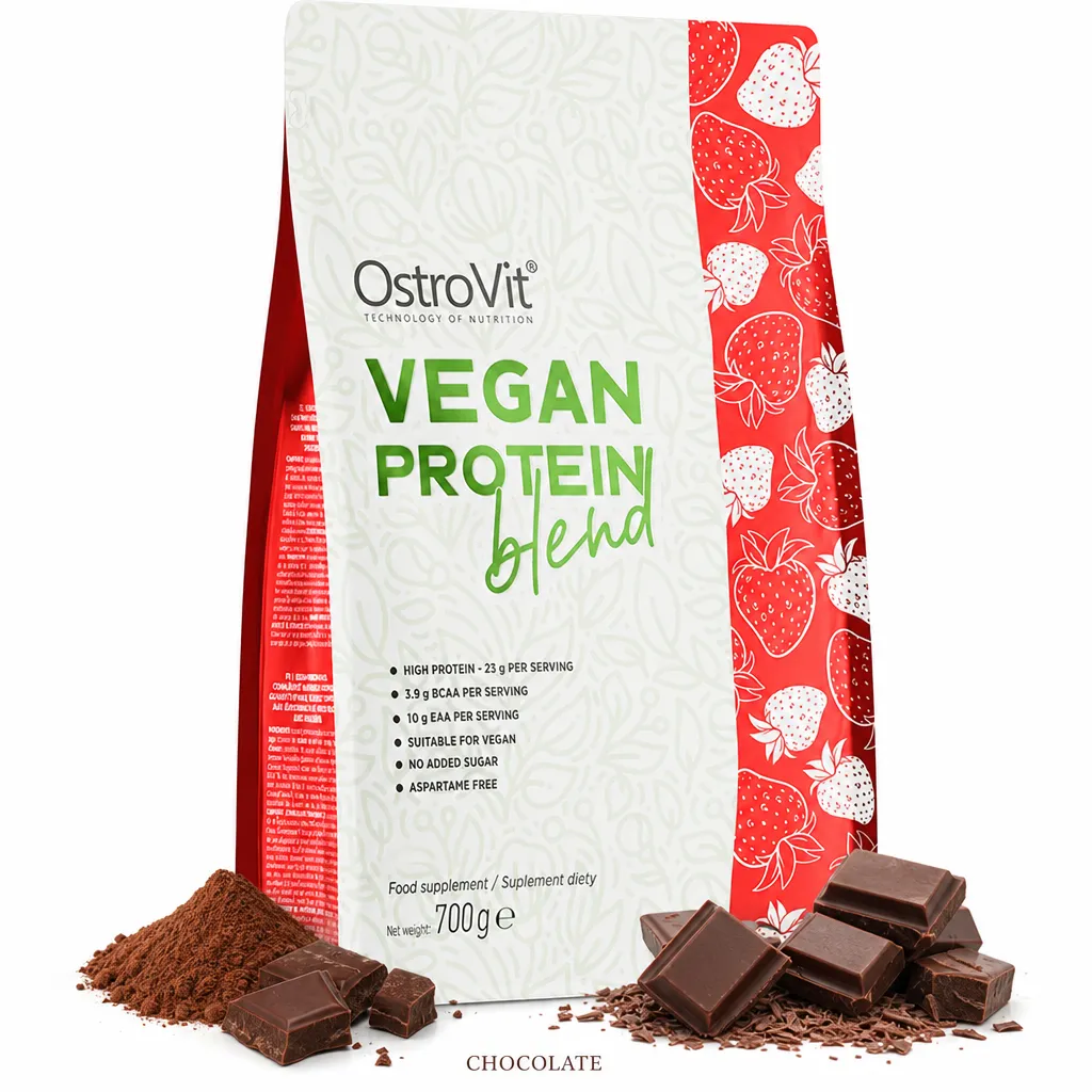 OstroVit Vegan Protein Blend 700g chocolate flavour plant-based protein powder, featuring a blend of pea, soy, and pumpkin proteins, suitable for vegans.