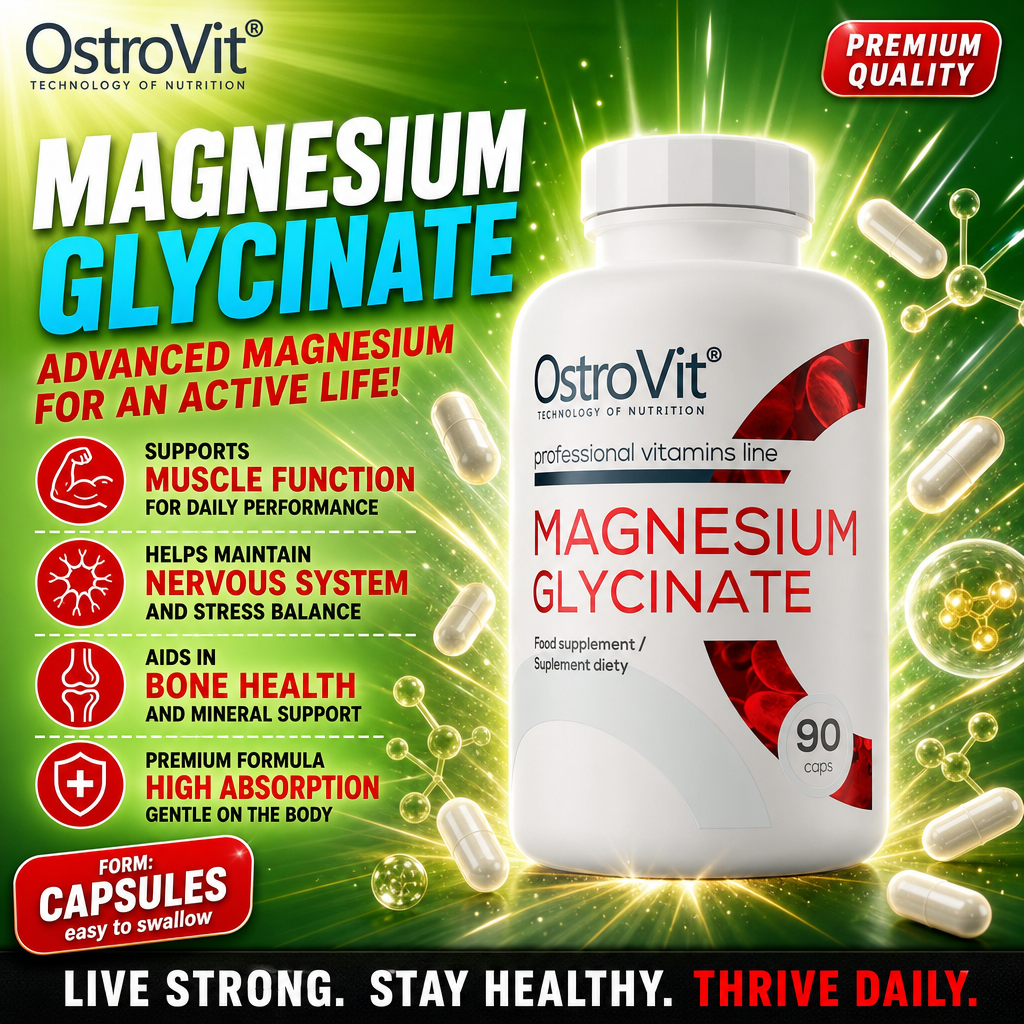 OstroVit Magnesium Glycinate 90 caps, a dietary supplement in capsule form for muscle function, nervous system support, bone health, and high absorption, in a white bottle with red and green accents.