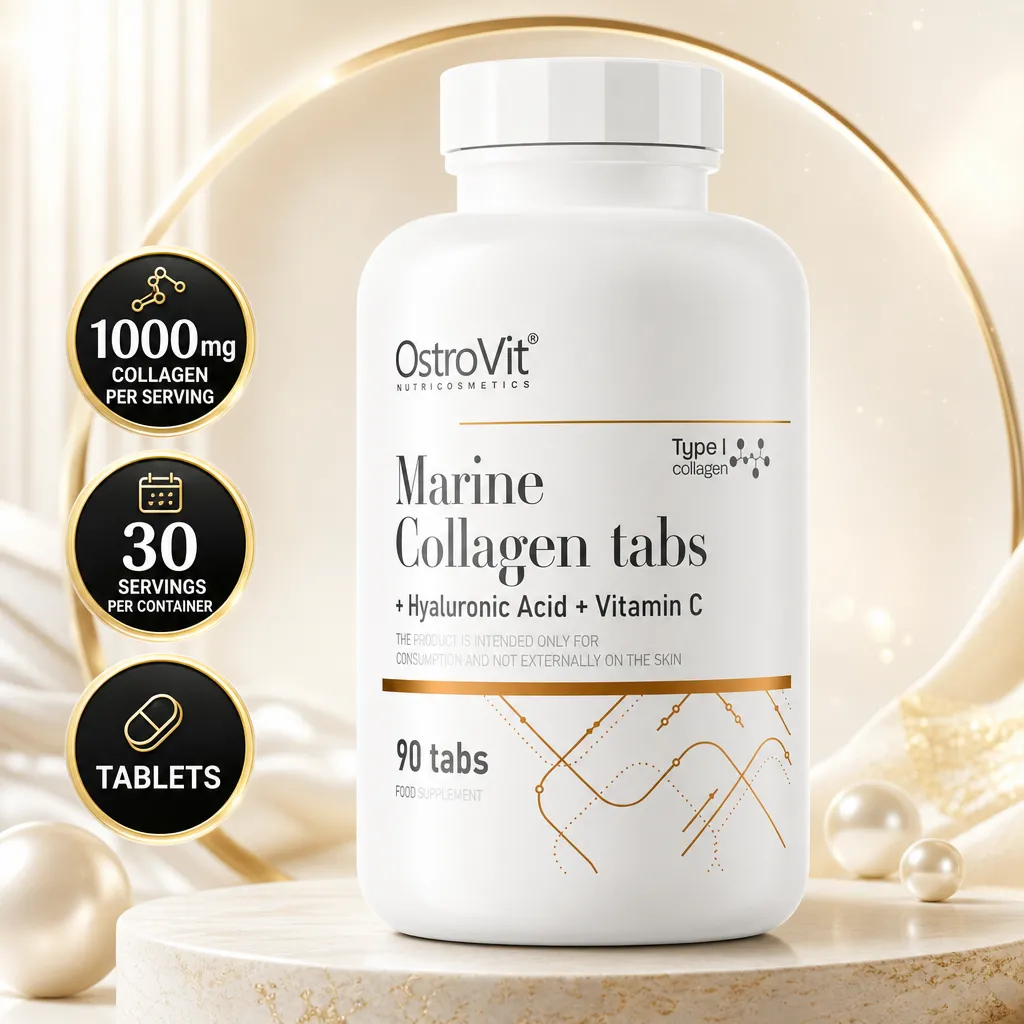 OstroVit Marine Collagen With Hyaluronic Acid and Vitamin C is a 90-tablet marine collagen supplement in a white bottle.