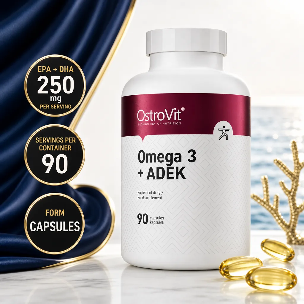 OstroVit Omega 3 + ADEK 90 Caps dietary supplement with EPA and DHA, vitamins A, D, E and K in softgel capsules