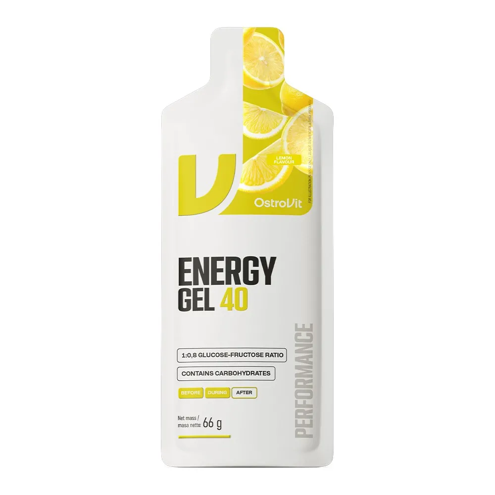 OstroVit Energy Gel 40 lemon flavour carbohydrate gel in a 66g pouch, designed for energy and performance during sports or endurance activities. White pouch with yellow lemon graphics.