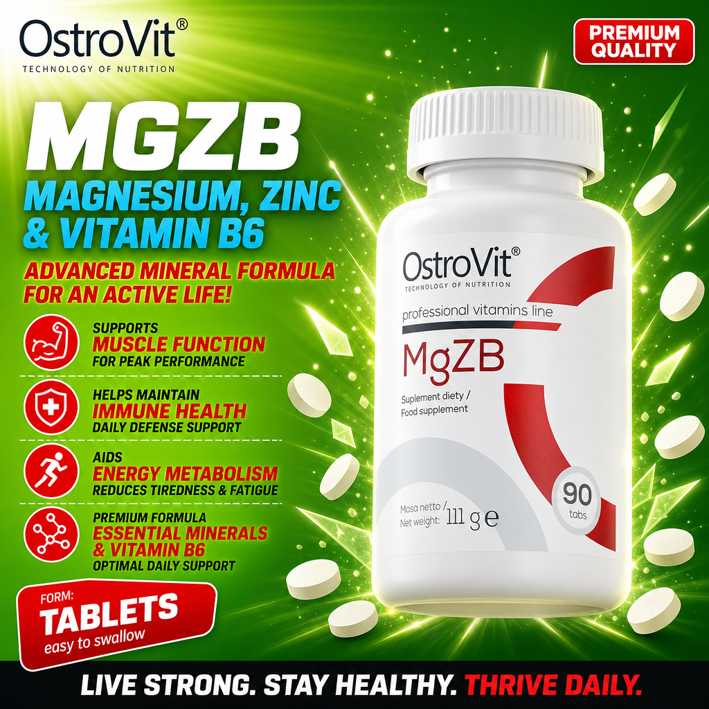 OstroVit MgZB 90 Tabs magnesium, zinc, and vitamin B6 supplement in tablet form, professional vitamins line, white bottle with red accents, 90 tablets.