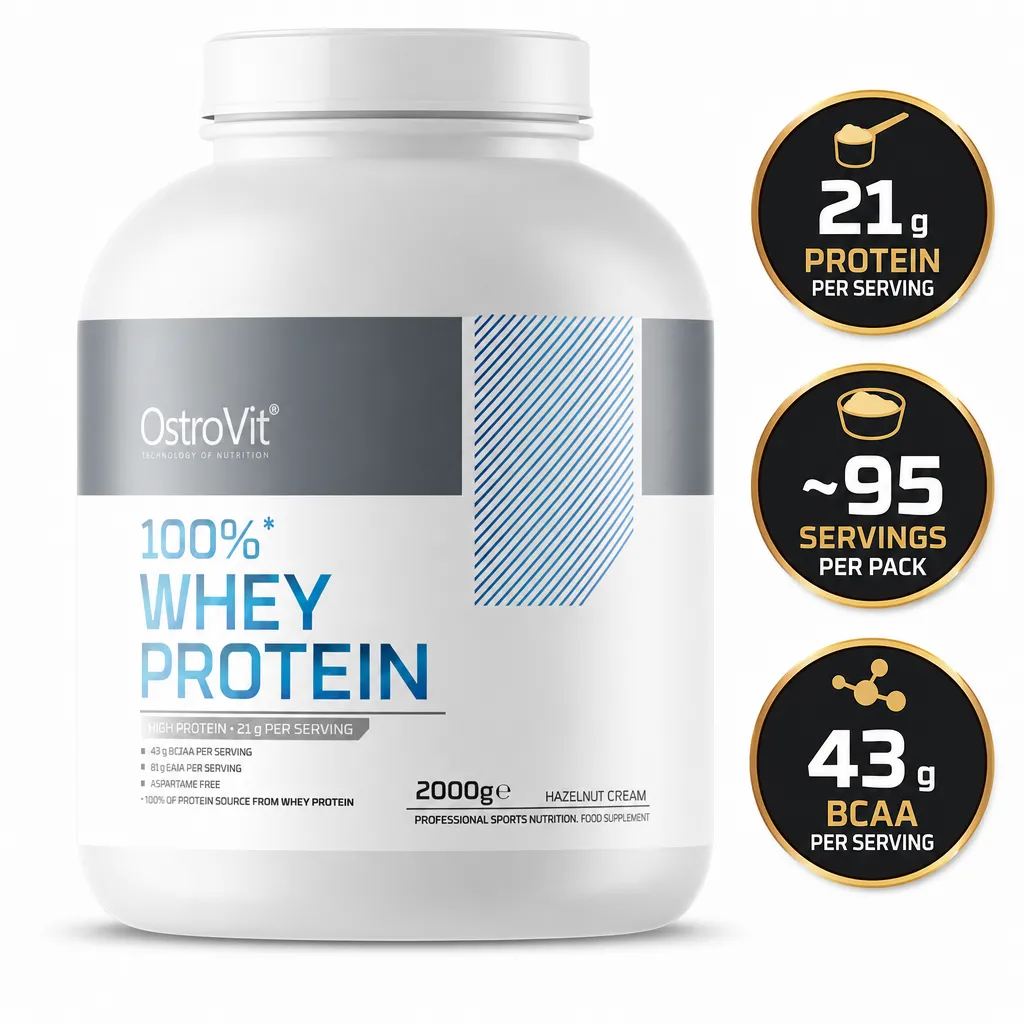 OstroVit 100% Whey Protein 2000g hazelnut cream whey protein powder in a large white tub with 21g protein per serving