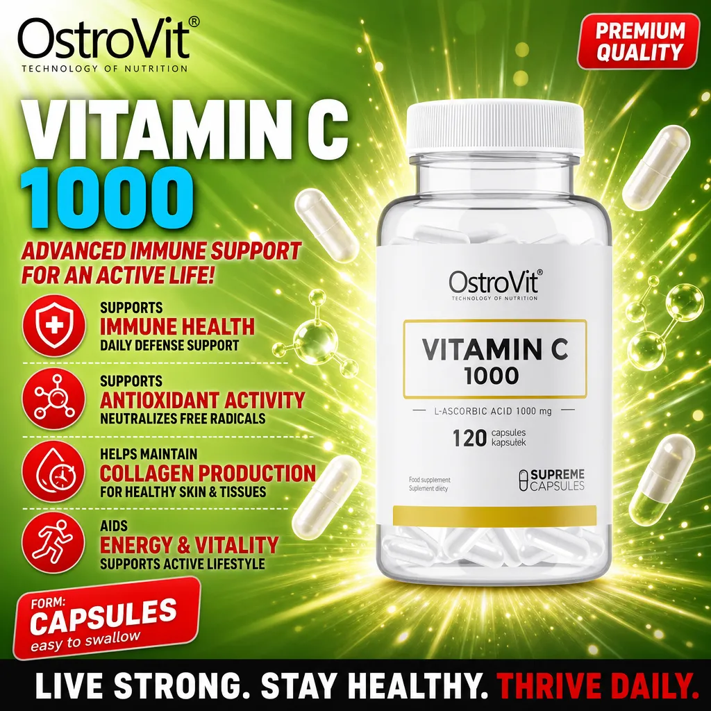 OstroVit Vitamin C 1000 120 capsules, a vitamin C supplement in capsule form for immune support, antioxidant activity, and collagen production. White and yellow bottle on a green background.