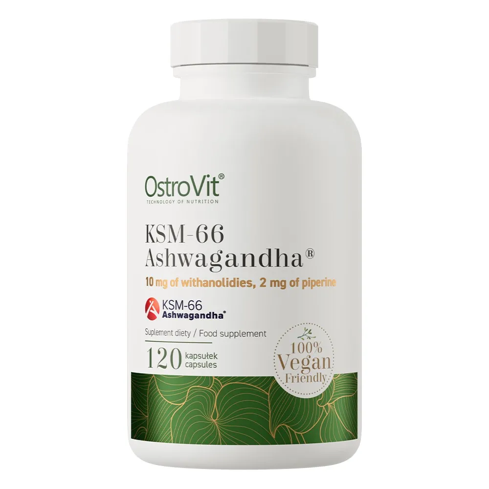 OstroVit KSM-66 Ashwagandha 120 capsules vegan-friendly dietary supplement with 10 mg withanolides and 2 mg piperine per serving, in a white and green bottle.