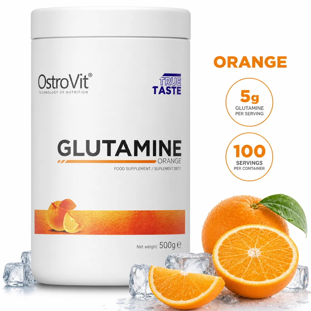OstroVit Glutamine 500g orange-flavoured glutamine supplement powder with 5g per serving and 100 servings