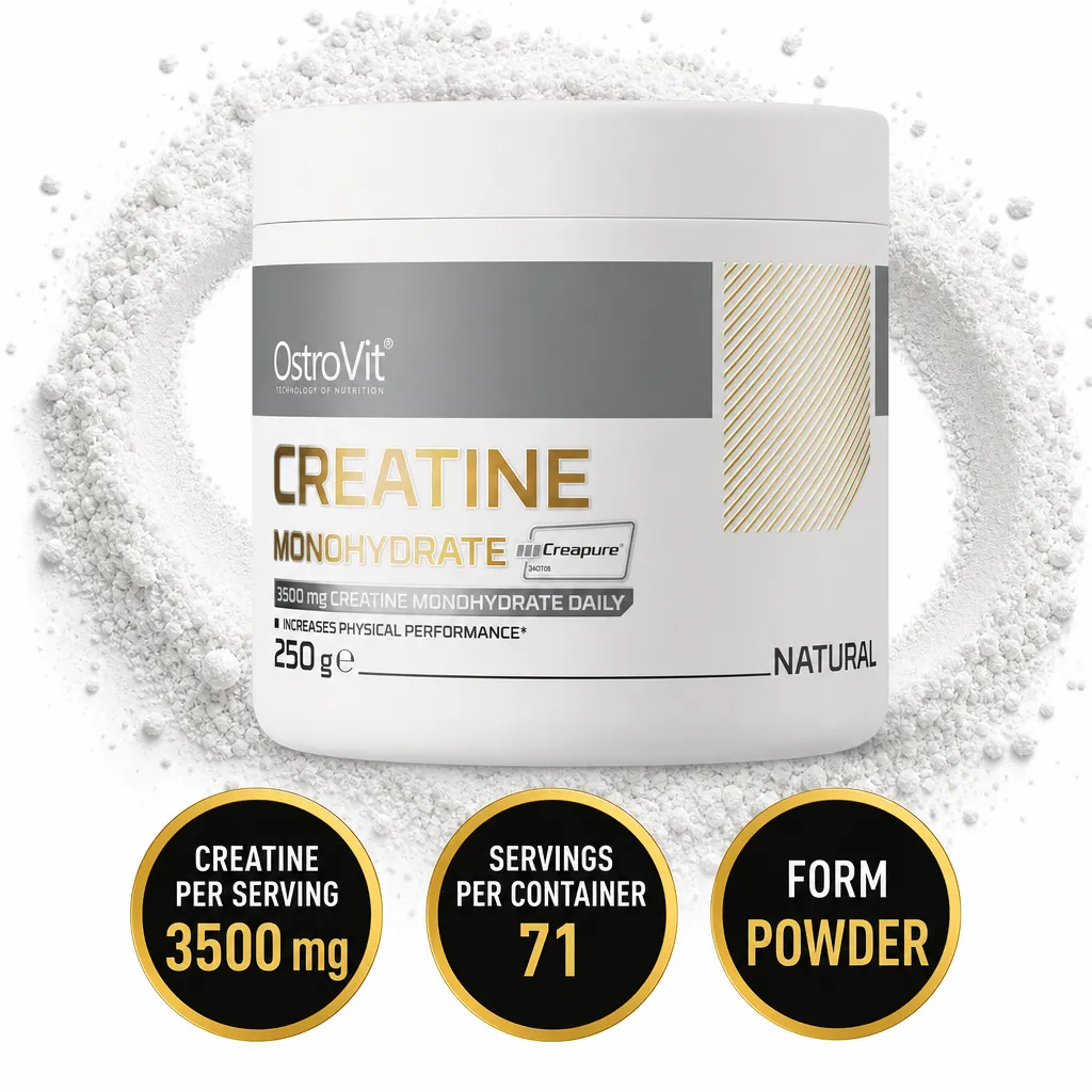 OstroVit Creatine Monohydrate Creapure 250g powder supplement in a white container, natural flavour, with 3500 mg per serving