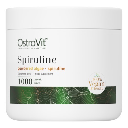 OstroVit Spiruline 1000 tablets vegan-friendly powdered algae food supplement in a white container with green accents.