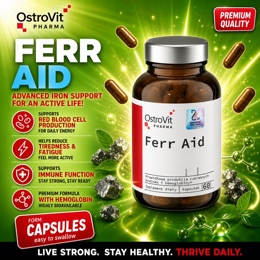 OstroVit Pharma Ferr Aid 60 Caps advanced iron support supplement in capsule form, designed to support red blood cell production, reduce tiredness and fatigue, and boost immune function. The packaging is predominantly green with a brown bottle and silver 