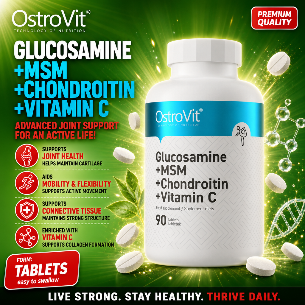 OstroVit Glucosamine + MSM + Chondroitin + Vitamin C joint support supplement, 90 tablets, with added vitamin C for collagen formation, in a white and blue bottle.