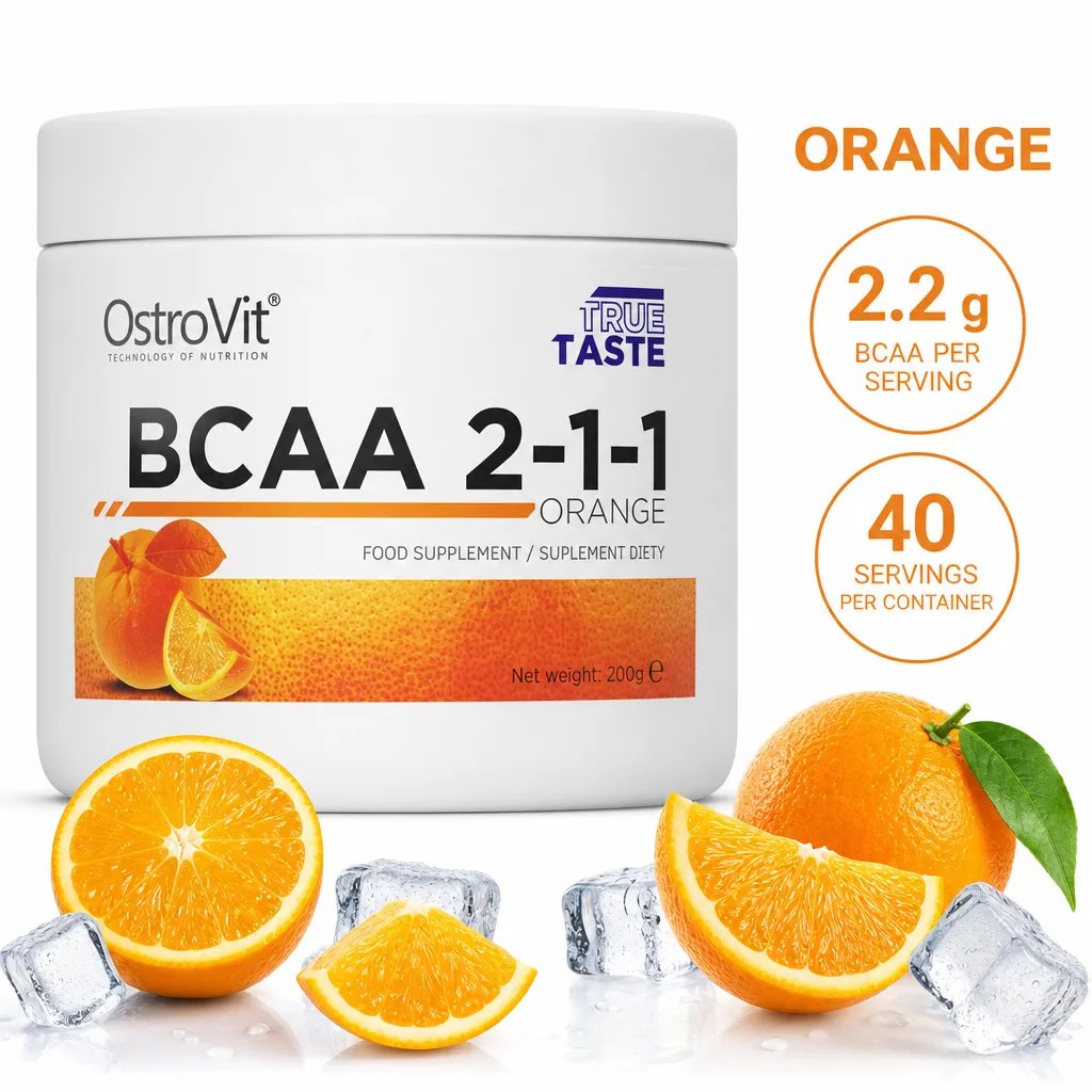 OstroVit BCAA 2:1:1 is an orange-flavoured powdered food supplement in a 200 g white container.