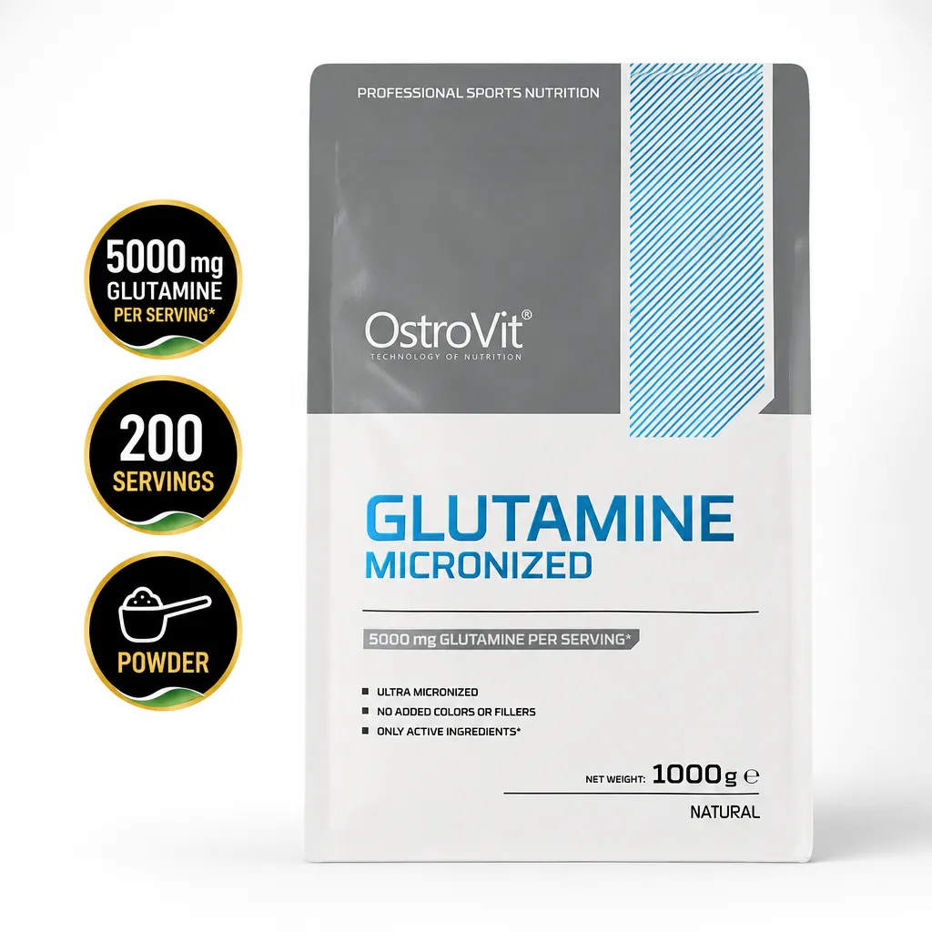 OstroVit Glutamine 1000g unflavoured micronized powder supplement with 5,000mg glutamine per serving and 200 servings