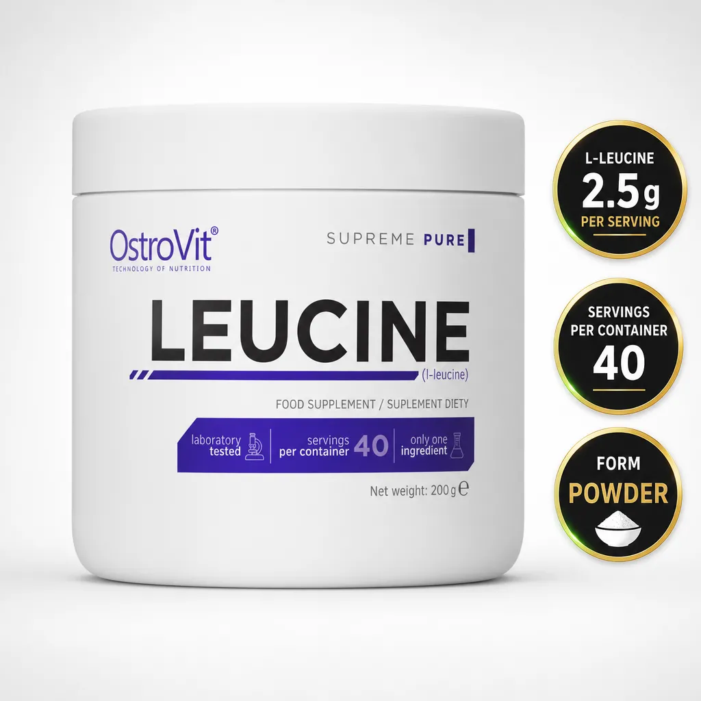 OstroVit Leucine 200g L-leucine dietary supplement powder in a white container, unflavoured with 40 servings