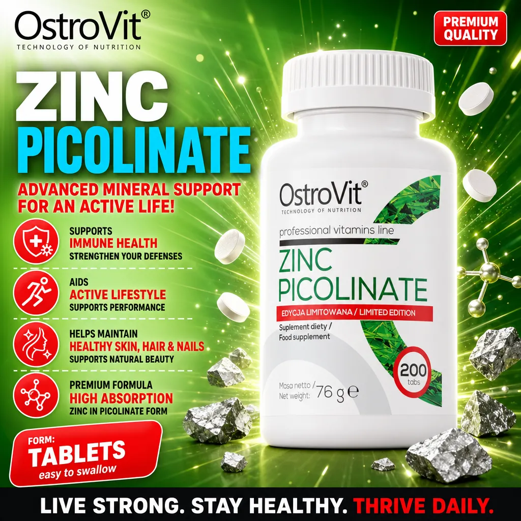 OstroVit Zinc Picolinate 200 tabs limited edition dietary supplement, high absorption zinc in picolinate form, professional vitamins line, white bottle with green accents.