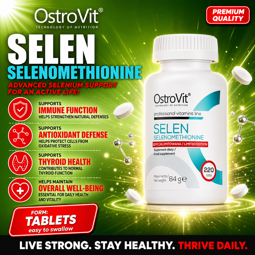 OstroVit Selen Selenomethionine 220 tabs dietary supplement, selenium in selenomethionine form, professional vitamins line, limited edition, white bottle with blue accents.