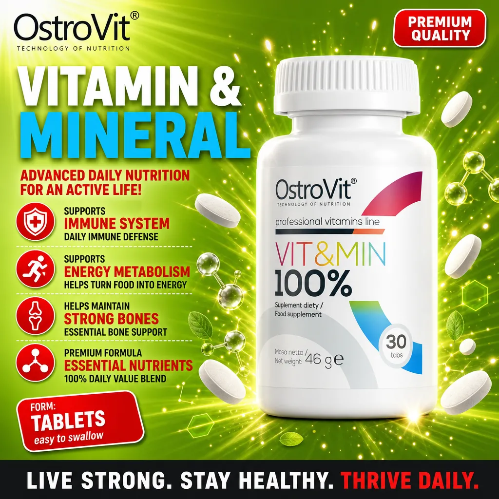 OstroVit Vit&Min 100% 30 tabs multivitamin and mineral supplement tablets, professional vitamins line, for daily nutrition and immune support, in a white bottle with colorful accents.