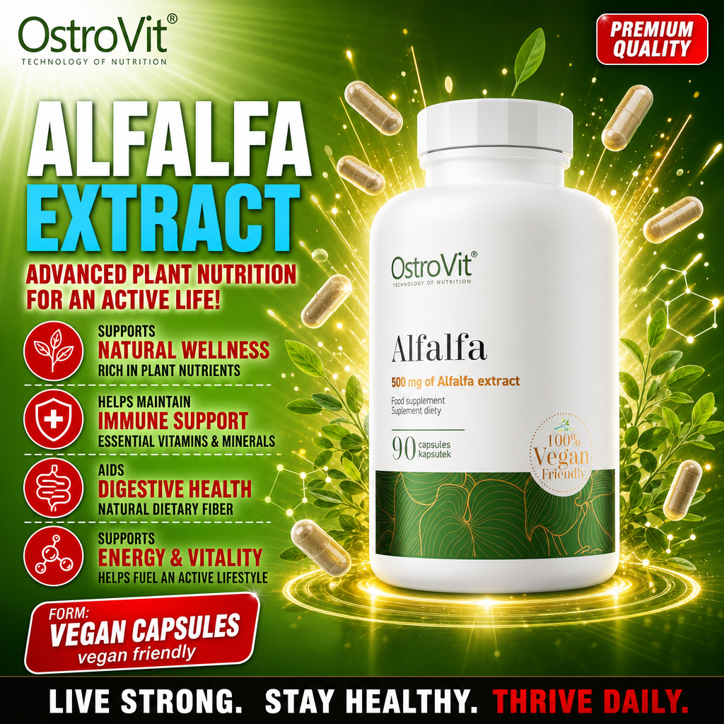 OstroVit Alfalfa 90 vegan capsules, 500 mg alfalfa extract per capsule, plant-based dietary supplement for wellness, immune support, and digestive health. White bottle with green and gold accents.