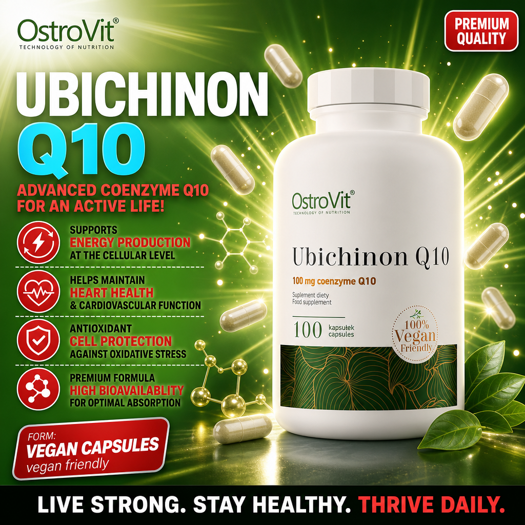 OstroVit Ubichinon Q10 100 mg coenzyme Q10 vegan capsules, 100-count supplement for energy, heart health, and antioxidant cell protection, in a white and green bottle.